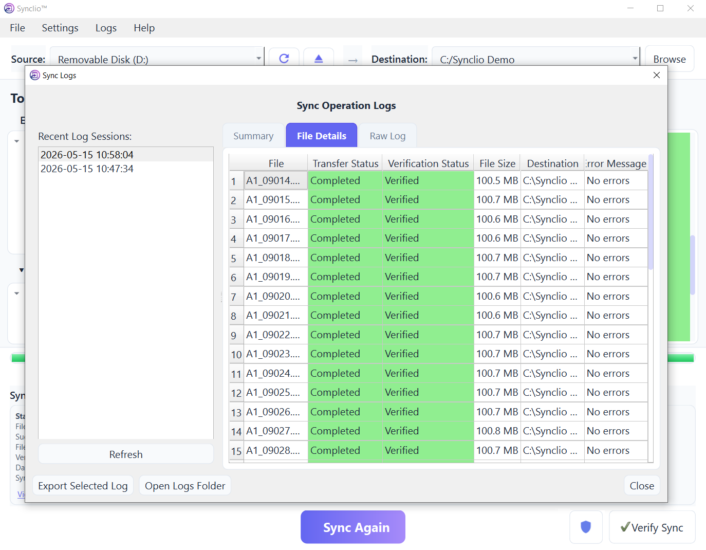 Transfer complete report with zero errors